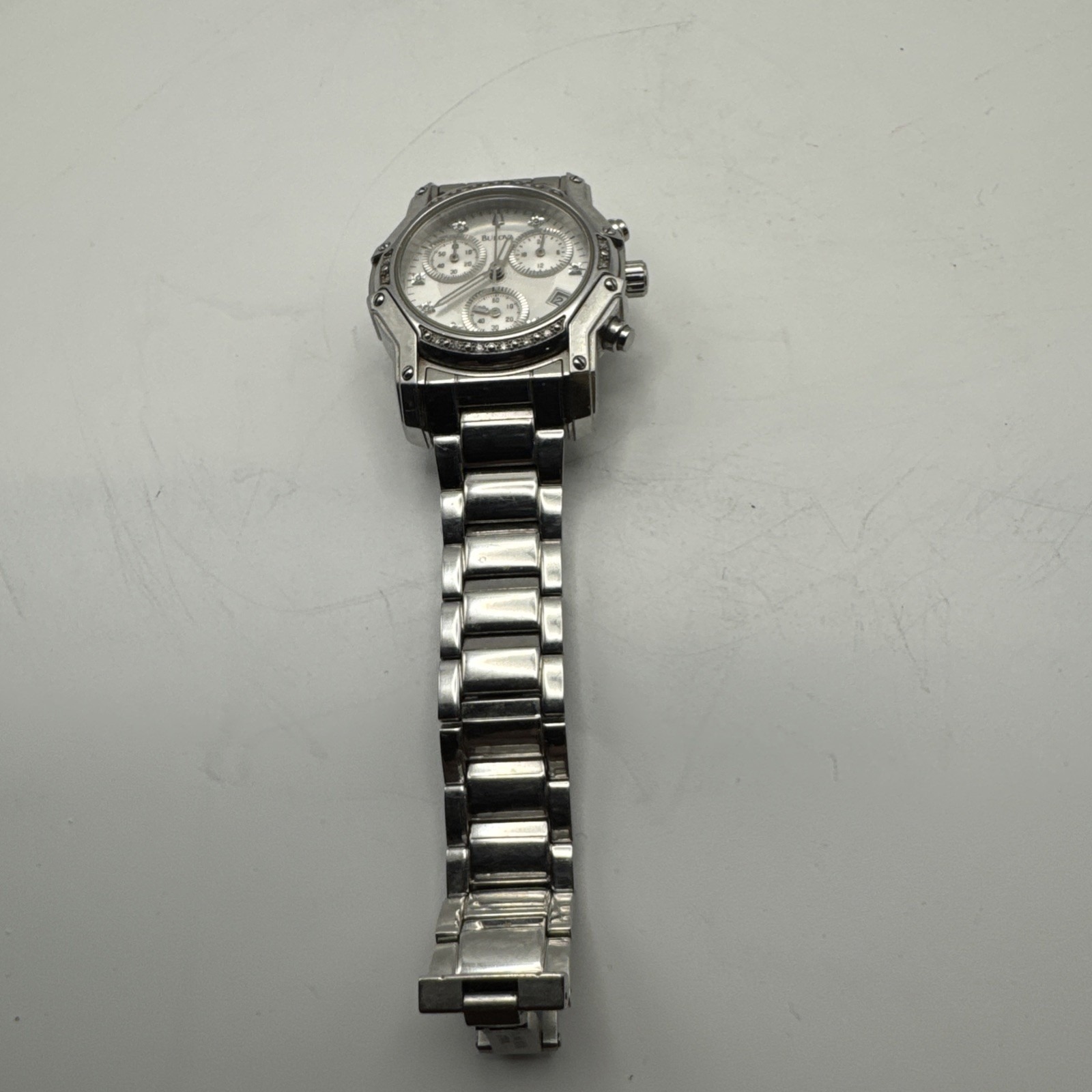Ladies Bulova 96r138 Diamond Chronograph White Dial Watch